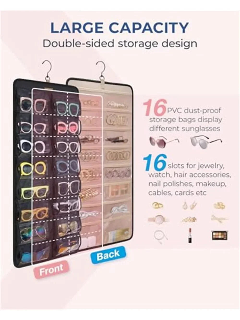 Wall Mounted Sunglasses Organizer 32 Slot Hanging Eyeglass Storage Display Rack